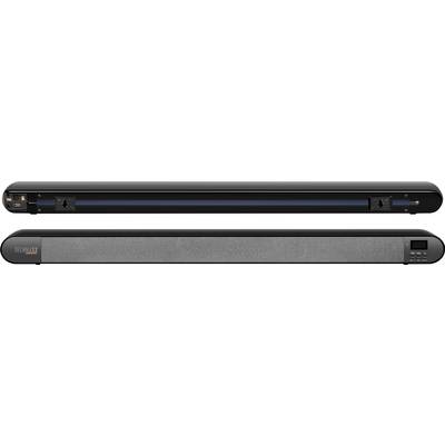 Flat, rectangular soundbar in black and grey, front and rear view. A brand logo is visible on the left.