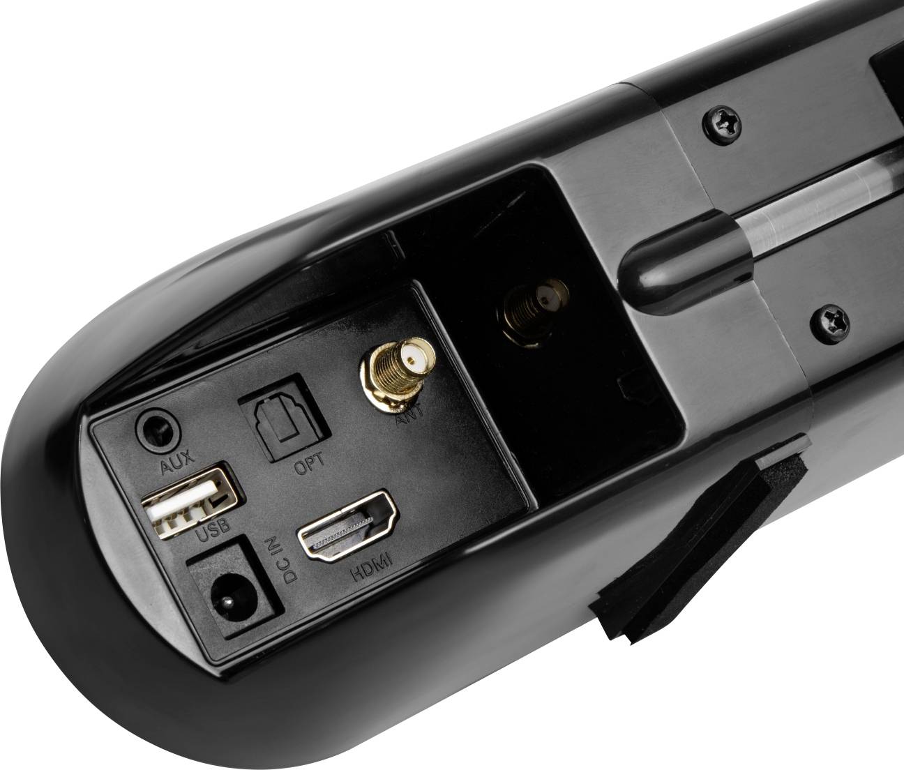 Rear view of a soundbar with connections: AUX, USB, optical, HDMI, power socket and two antenna ports.