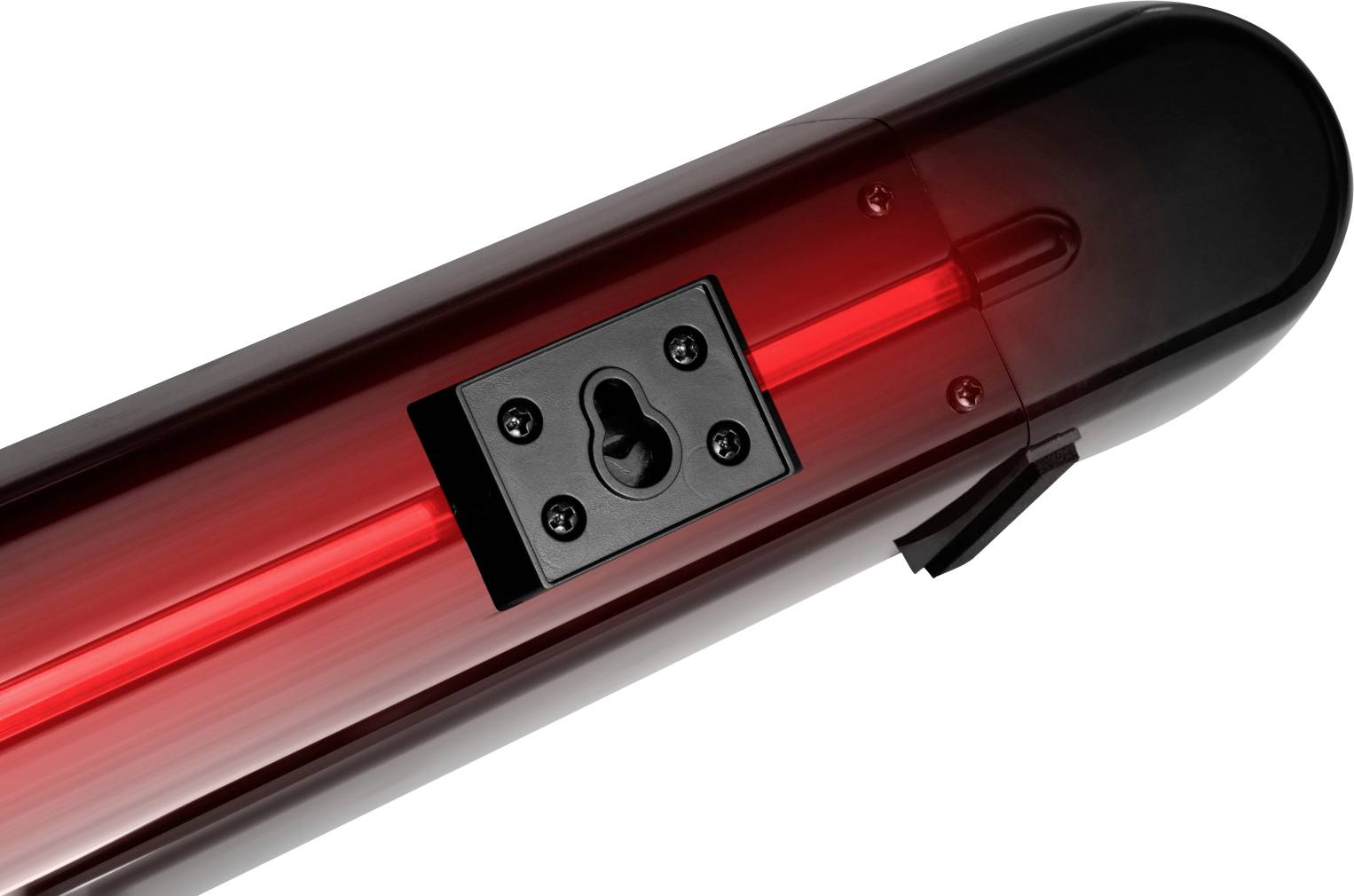 Red rear bicycle light with a mounting bracket. It shines brightly in the centre, emphasised by the surrounding black border.