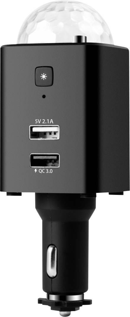 Black charger for car cigarette lighter with two USB ports, a power button, and a dome-shaped illumination on top.