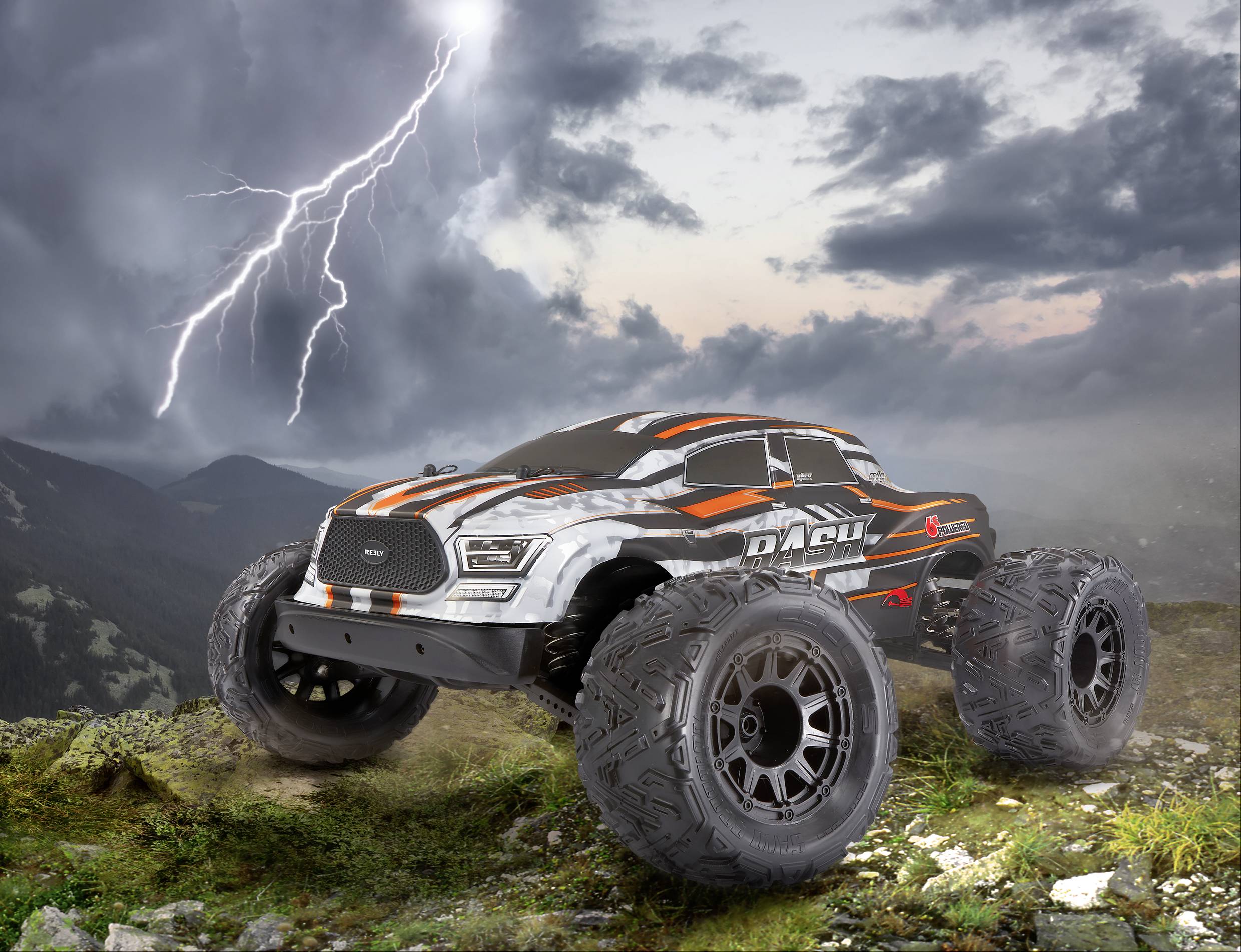 A remote-controlled car sits on a rock, with lightning strikes visible in the background, against a stormy mountainous landscape.