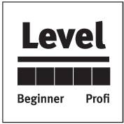 Black and white graphic shows the text 'Level' with a scale of four empty boxes. On the left 'Beginner', on the right 'Professional'.