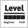 Black and white graphic shows the text 'Level' with a scale of four empty boxes. On the left 'Beginner', on the right 'Professional'.