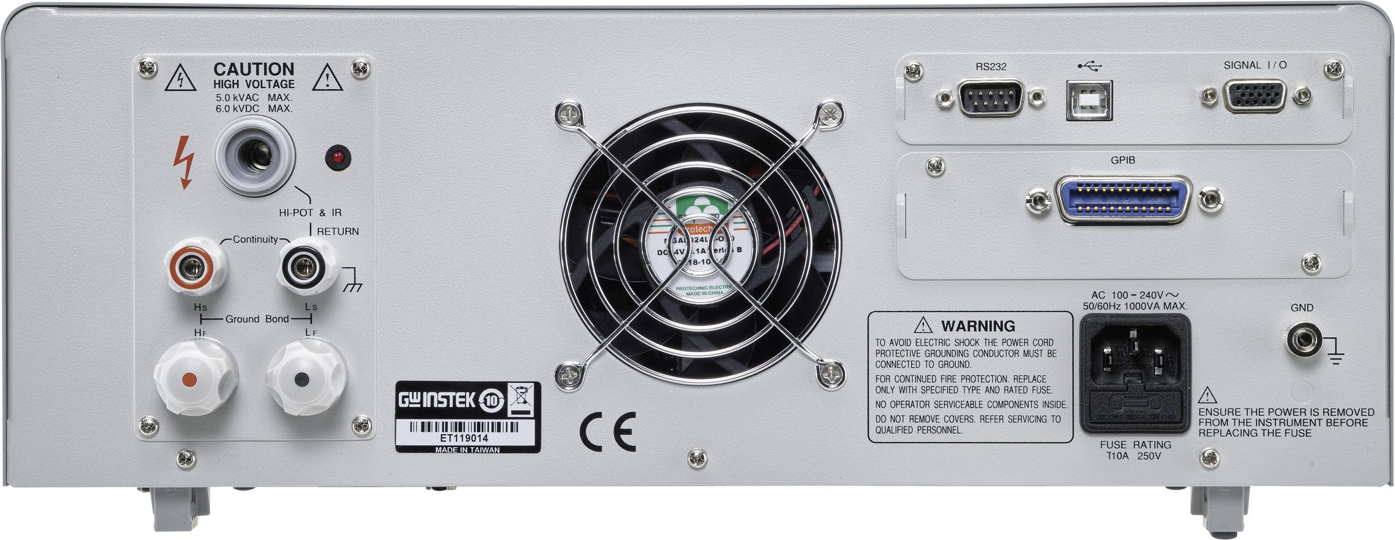 The rear side of an electronic measuring device with connections, fan, warning notices, and CE marking.