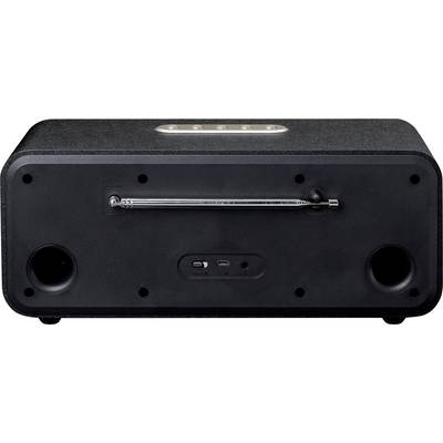 A black rectangular speaker, rear view. Antenna, USB port and switch are visible.