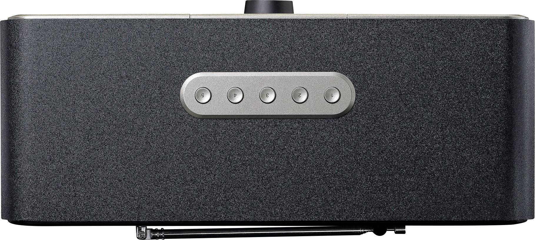 A rectangular black speaker with five silver buttons arranged in a horizontal row in the centre of the front panel.