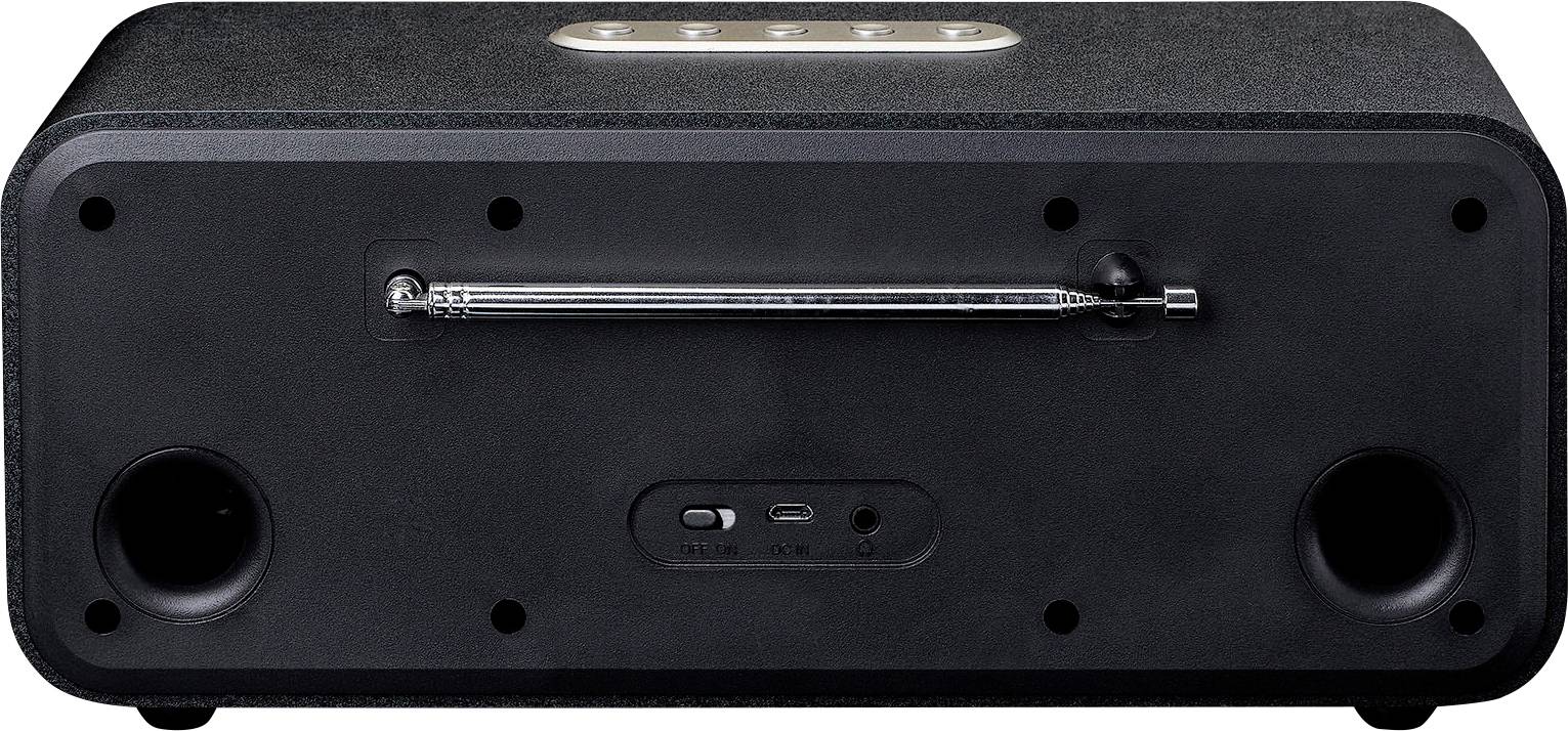 'Rear view of a black speaker with an extended antenna, connection buttons, and speaker grilles on the left and right.'