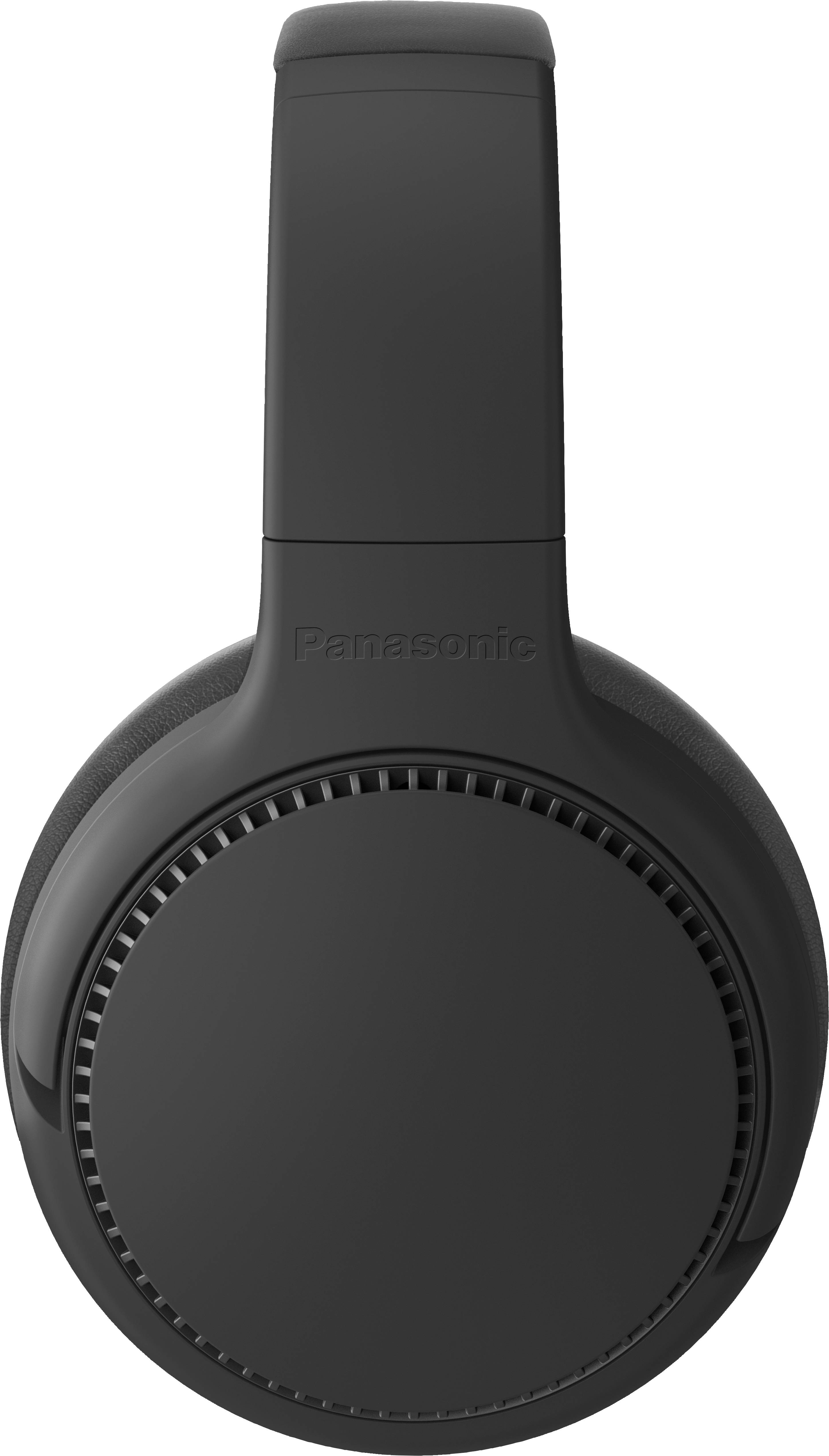 Black over-ear headphones; minimalist design, closed construction. Brand name 'Panasonic' visible on the headband.