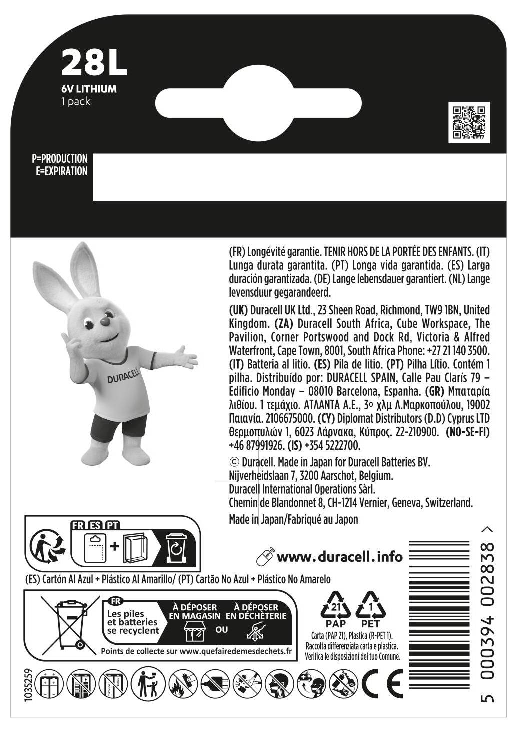 '28L 6V Lithium' battery packaging. Features a cartoon bunny mascot with 'Duracell' shirt. Lists manufacturing and safety details.