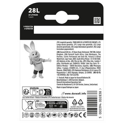 '28L 6V Lithium' battery packaging. Features a cartoon bunny mascot with 'Duracell' shirt. Lists manufacturing and safety details.