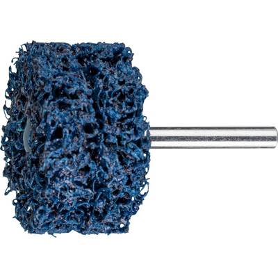Grinding tool with blue, open non-woven plastic material and metal pin; used for deburring and cleaning surfaces.