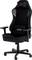 A black gaming chair with a high backrest, adjustable armrests, and a padded headrest.
