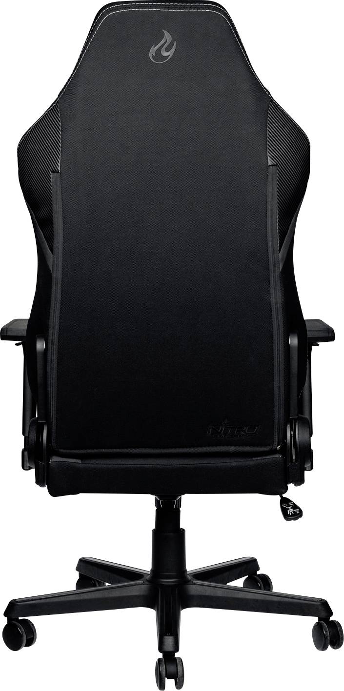 A black gaming chair with a high backrest, armrests, and castors, suitable for comfortable sitting while gaming or working.