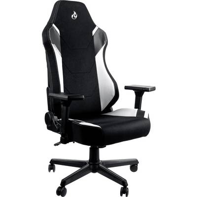 Black gaming chair with white accent, adjustable backrest and armrests, mounted on castors. Ideal for ergonomic seating.