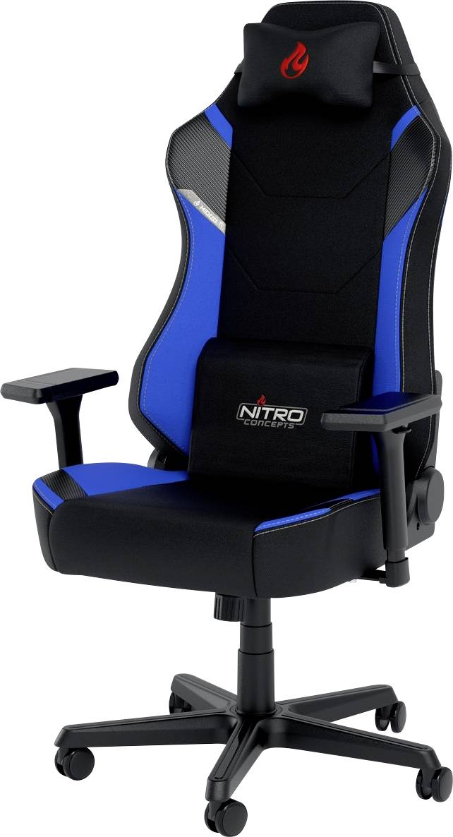 Gaming chair in black and blue with adjustable armrests and headrest, mounted on a swivel base with castors.