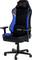 Gaming chair in black and blue with adjustable armrests and headrest, mounted on a swivel base with castors.