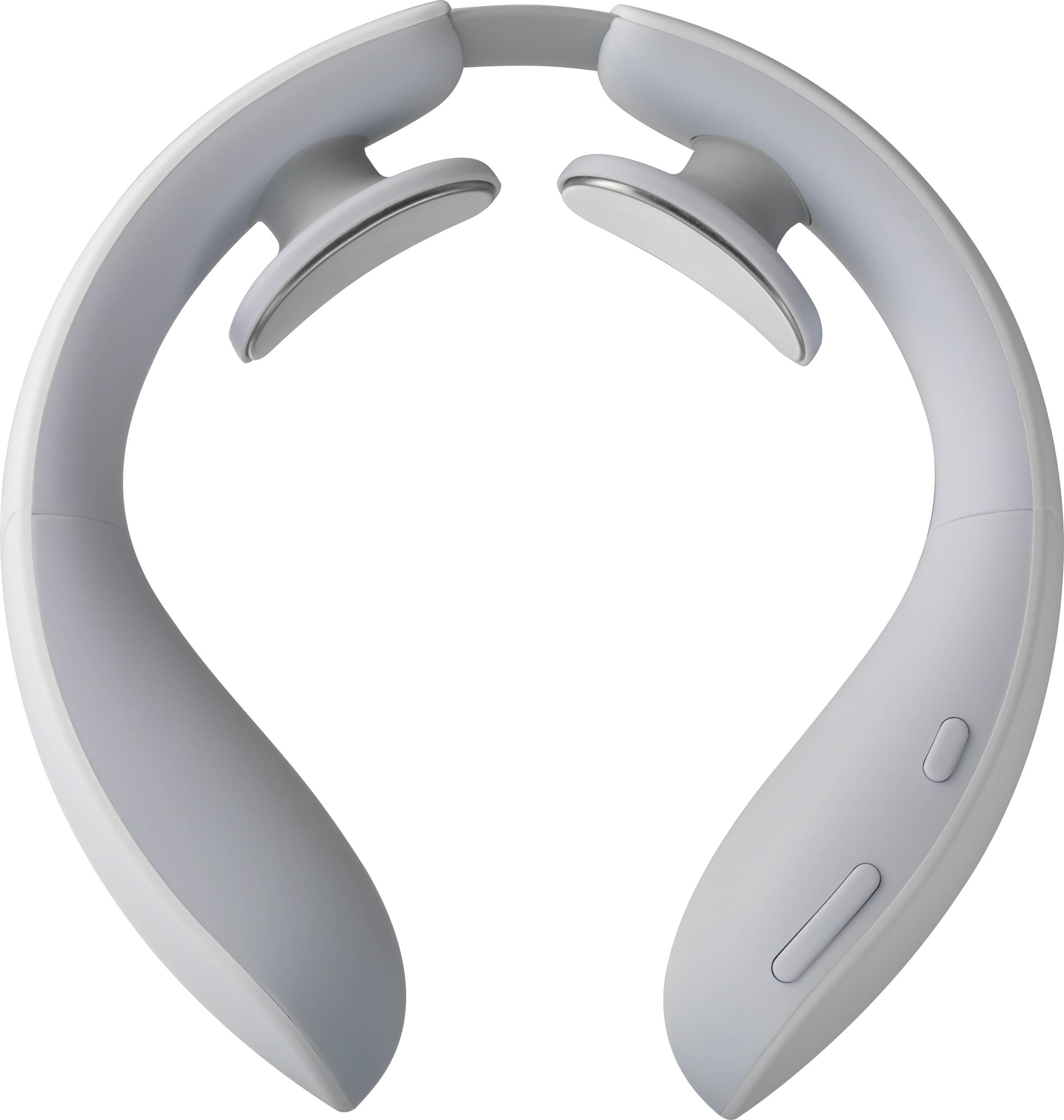 A light grey, curved massage device with control buttons on the side, designed for use in the neck area.