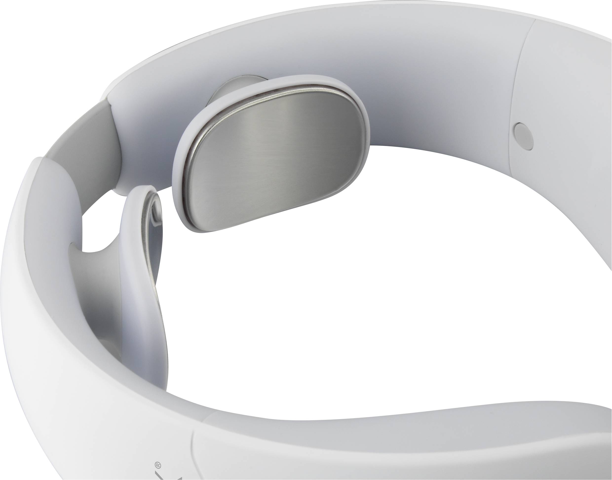 A white, modern head massage device with padded electrodes inside, designed for comfort and relaxation.