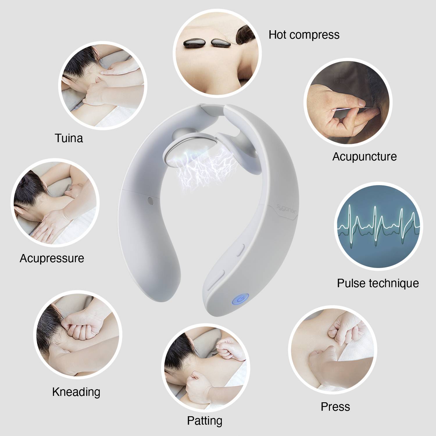 The image depicts various massage techniques in a circle: Hot Compress, Acupuncture, Pulse Technique, Pressing, Tapping, Kneading, Acupressure, Tuina, surrounding a neck massage device.
