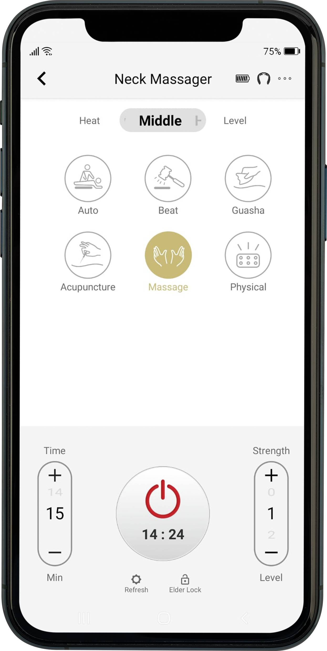 Smartphone app interface of a neck massage device with options such as 'Auto', 'Beat', 'Guasha' and timer set to 14:24.