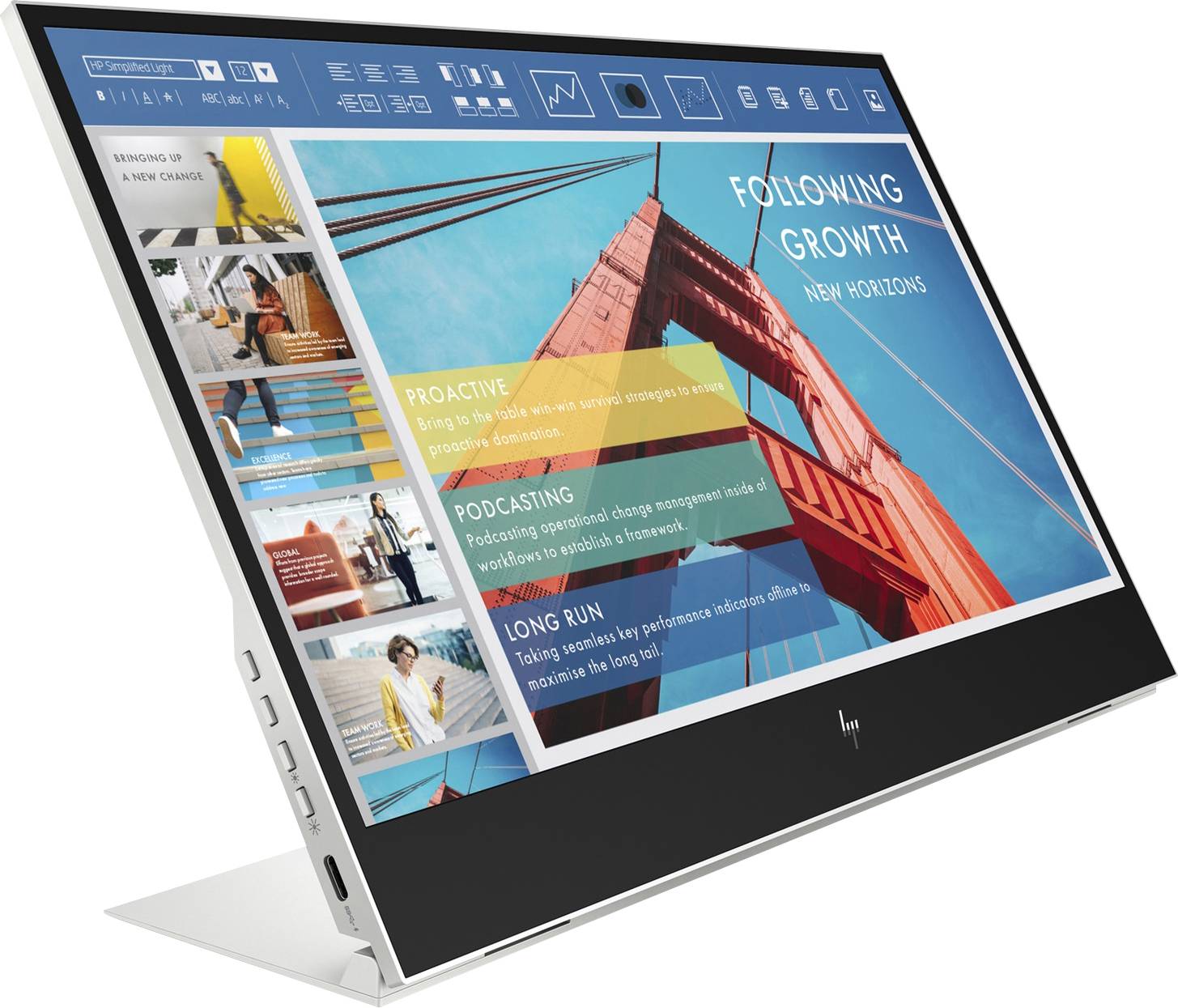 Monitor displaying a business presentation. Images and text indicate growth and new horizons. Focus on 'PROACTIVE', 'PODCASTING', 'LONG RUN'.