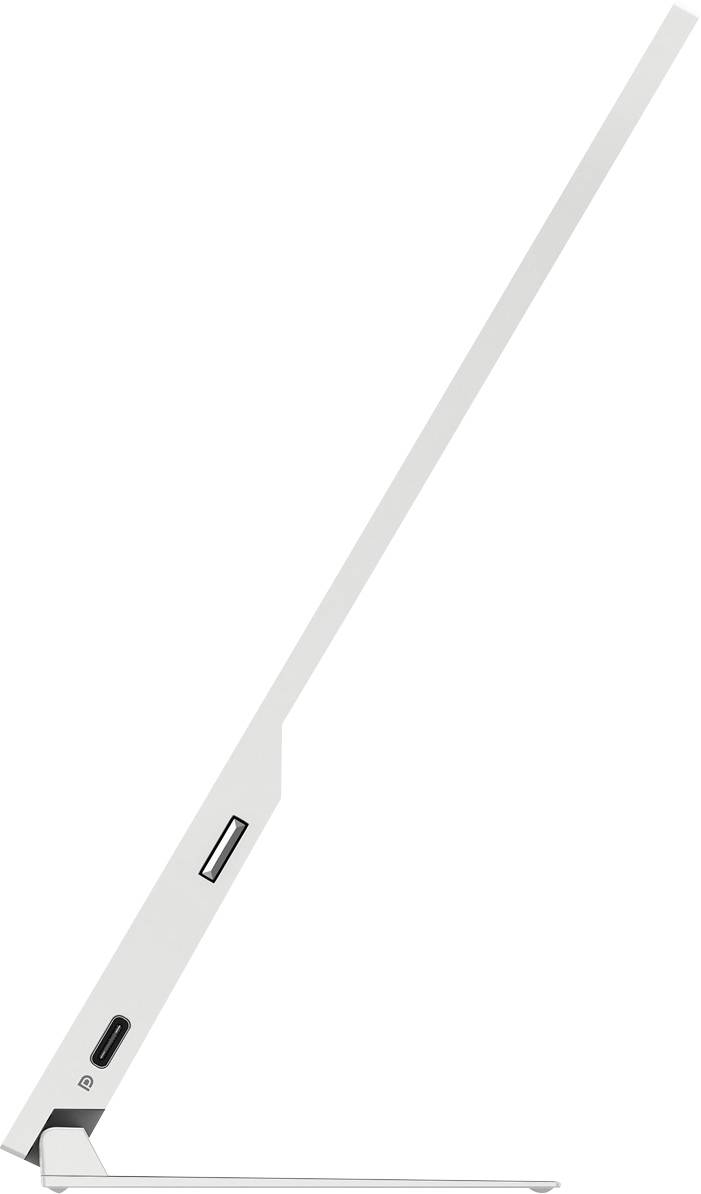 A sleek, modern LED reading light with a slim, white stem and rectangular base. Minimalist design, space-saving.