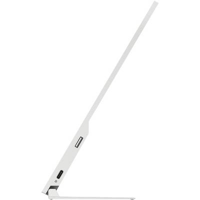 A sleek, modern LED reading light with a slim, white stem and rectangular base. Minimalist design, space-saving.