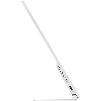 Flat, white table lamp with a slender, modern design, with four buttons on the side and a USB port visible.