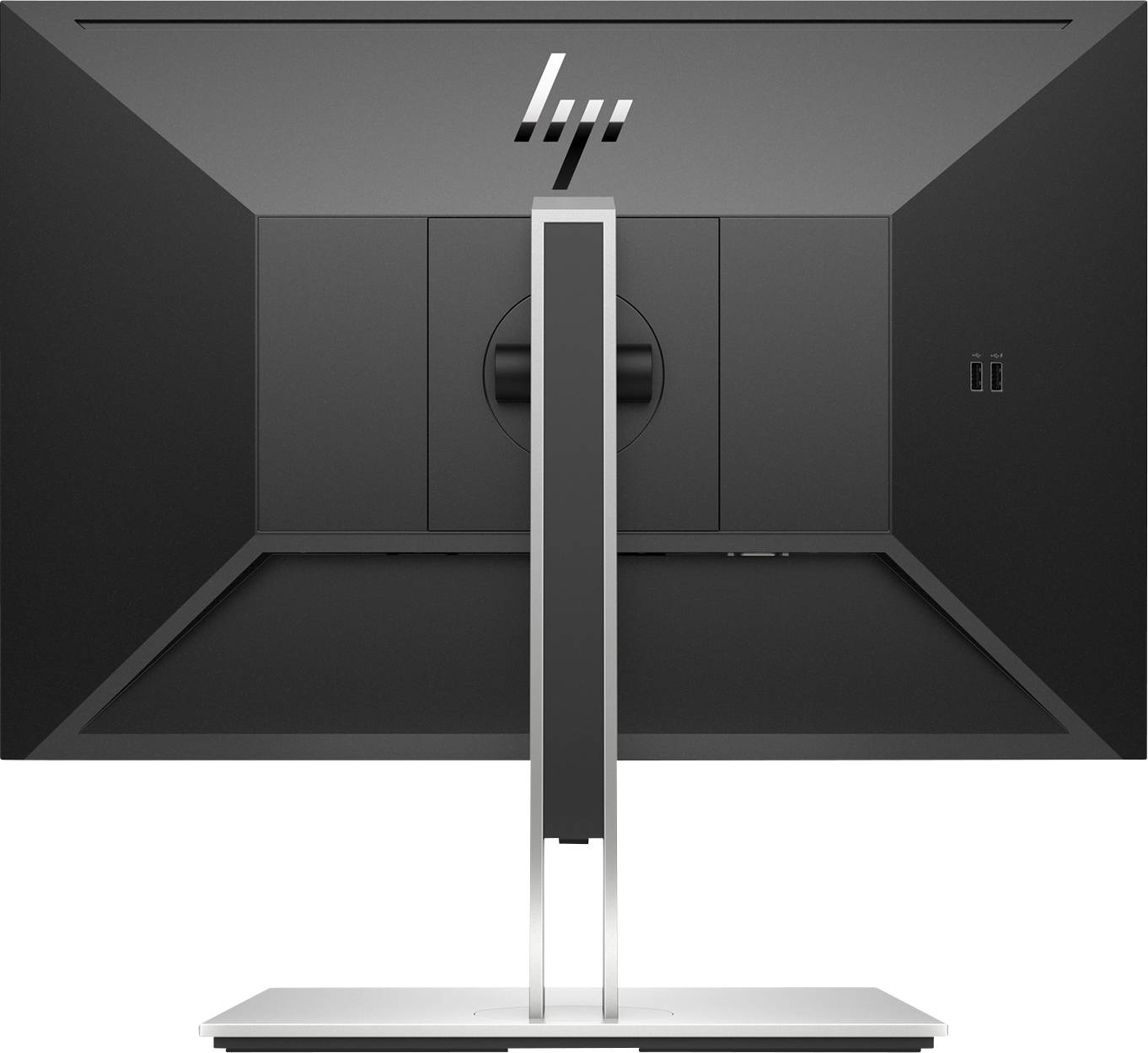 Rear view of a computer monitor with a rectangular shape and slim stand; two ports on the right side.