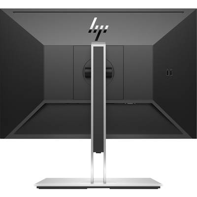 Rear view of a computer monitor with a rectangular shape and slim stand; two ports on the right side.