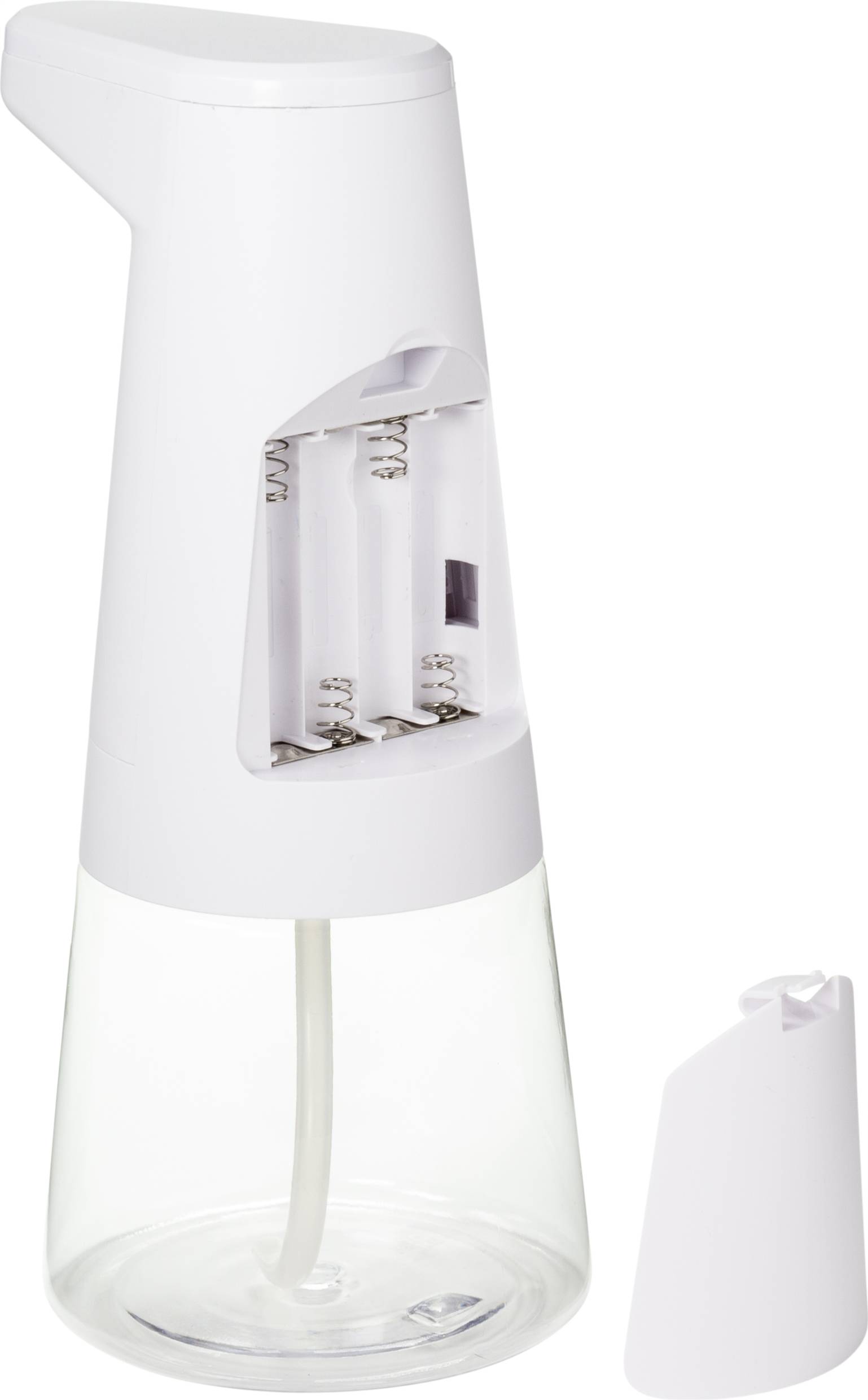 White automatic soap dispenser with removable cover and visible battery compartments, without batteries installed.