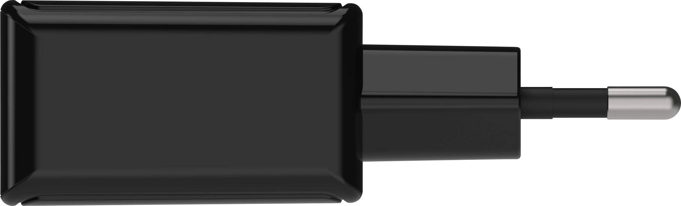 Black USB charging adapter with plug power supply, side view. Suitable for charging mobile devices via a power socket.