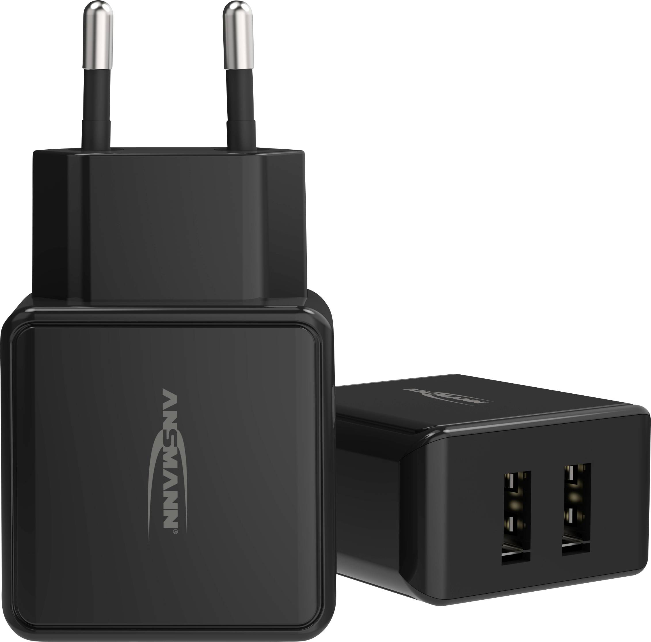 Two black USB chargers with European plugs, each with two USB ports.