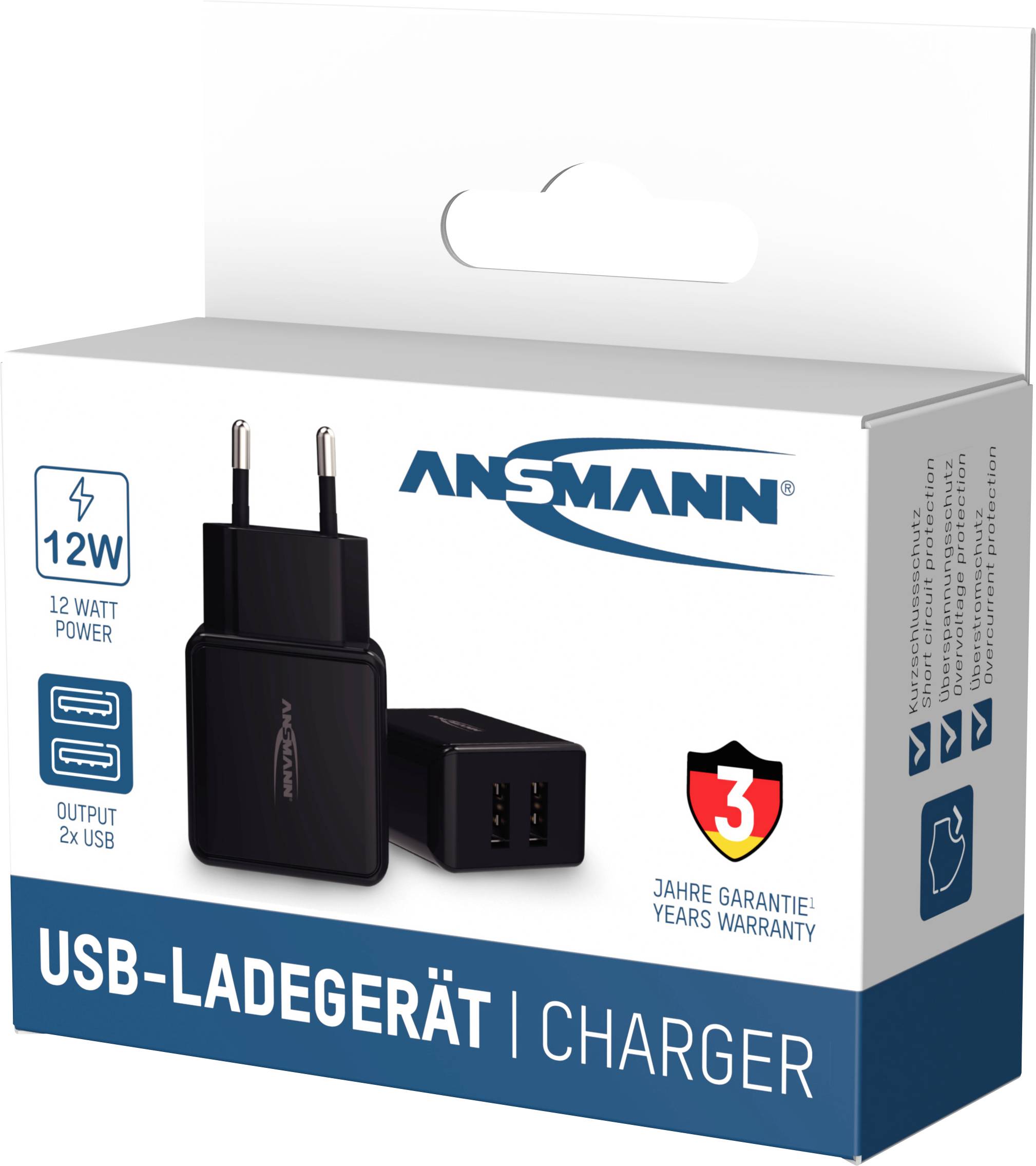 Black USB charger with two USB ports, 12 Watt power. Packaging shows 3-year warranty and brand logo.