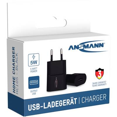 'USB Charger' packaging with an image of a black charger. Text: '5 Watt Power', '3 Year Warranty'. Brand: 'ANSMANN'.