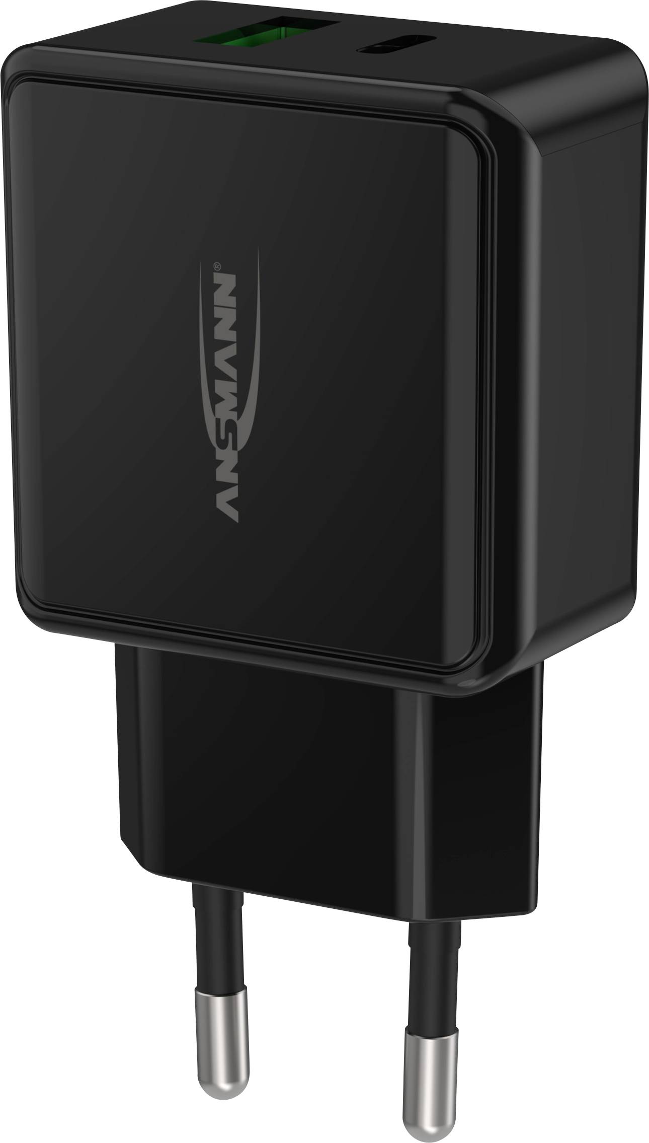 A black USB charger with two ports, suitable for European plug sockets, depicted from a slightly angled perspective.