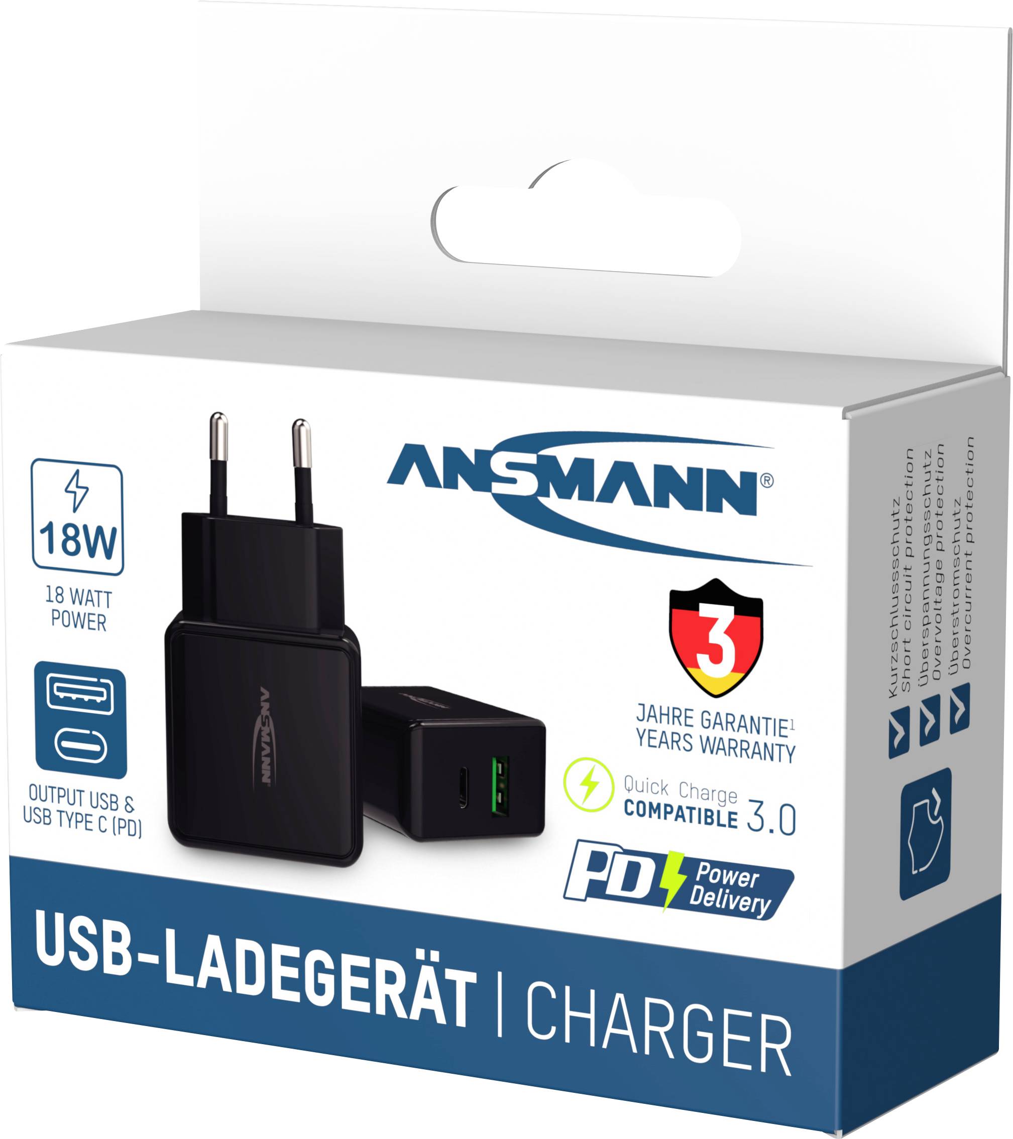'USB charger with 18-watt power and Power Delivery, including 3-year warranty. Compatible with Quick Charge 3.0.'