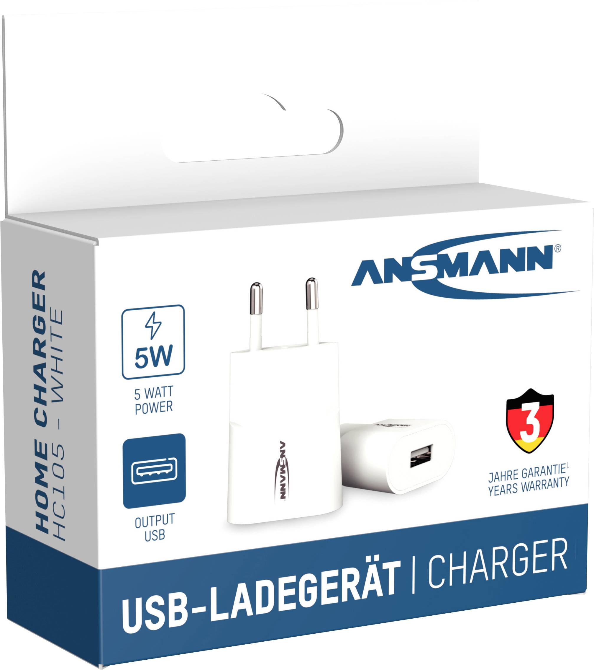 White packaging for an Ansmann USB charger with 5W power. Text: 'Three-year guarantee'. Includes image of the charger.