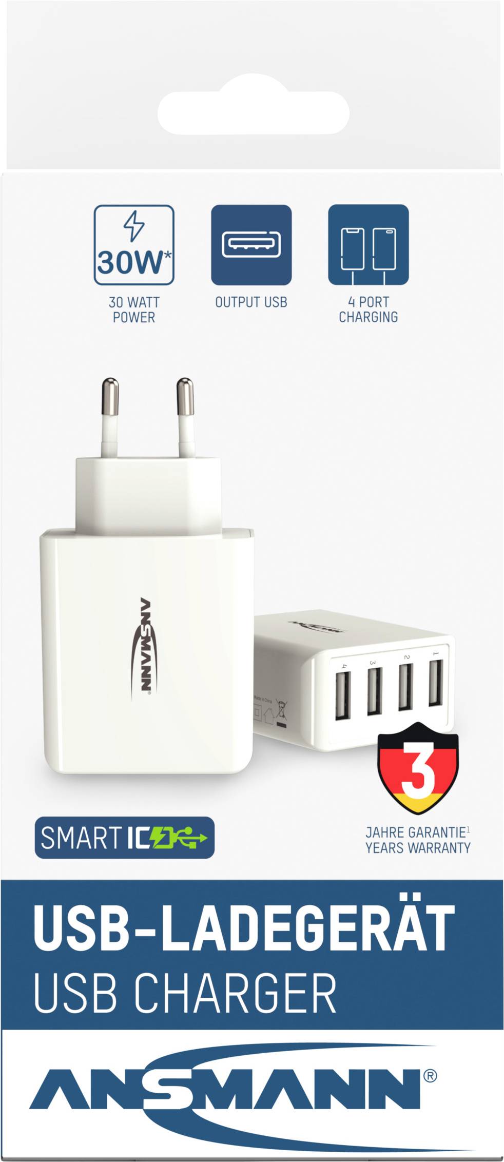 USB charging adapter with four ports and 30 watts power, pictured with warranty and Smart IC details on the packaging.