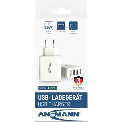 USB charging adapter with four ports and 30 watts power, pictured with warranty and Smart IC details on the packaging.