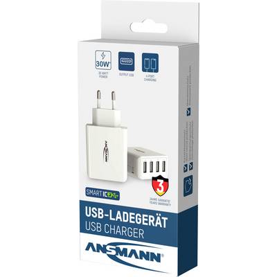 Packaging for a USB Charger with 30 Watt Power. Features: Smart IC, 4 USB Ports, 3-Year Warranty. Brand Name Printed.