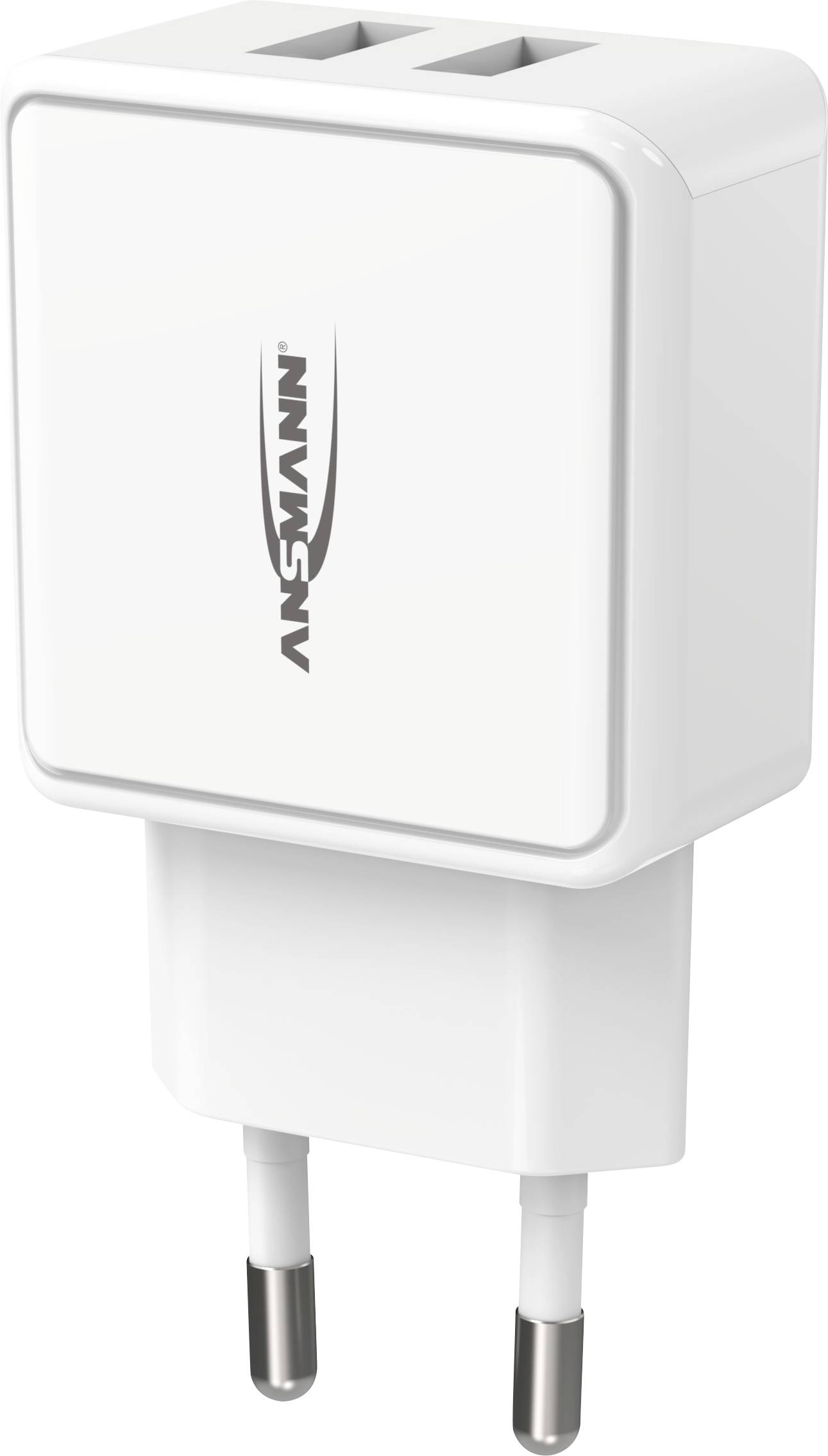 White Ansmann USB charger with two socket ports and a UK plug, suitable for mobile devices.