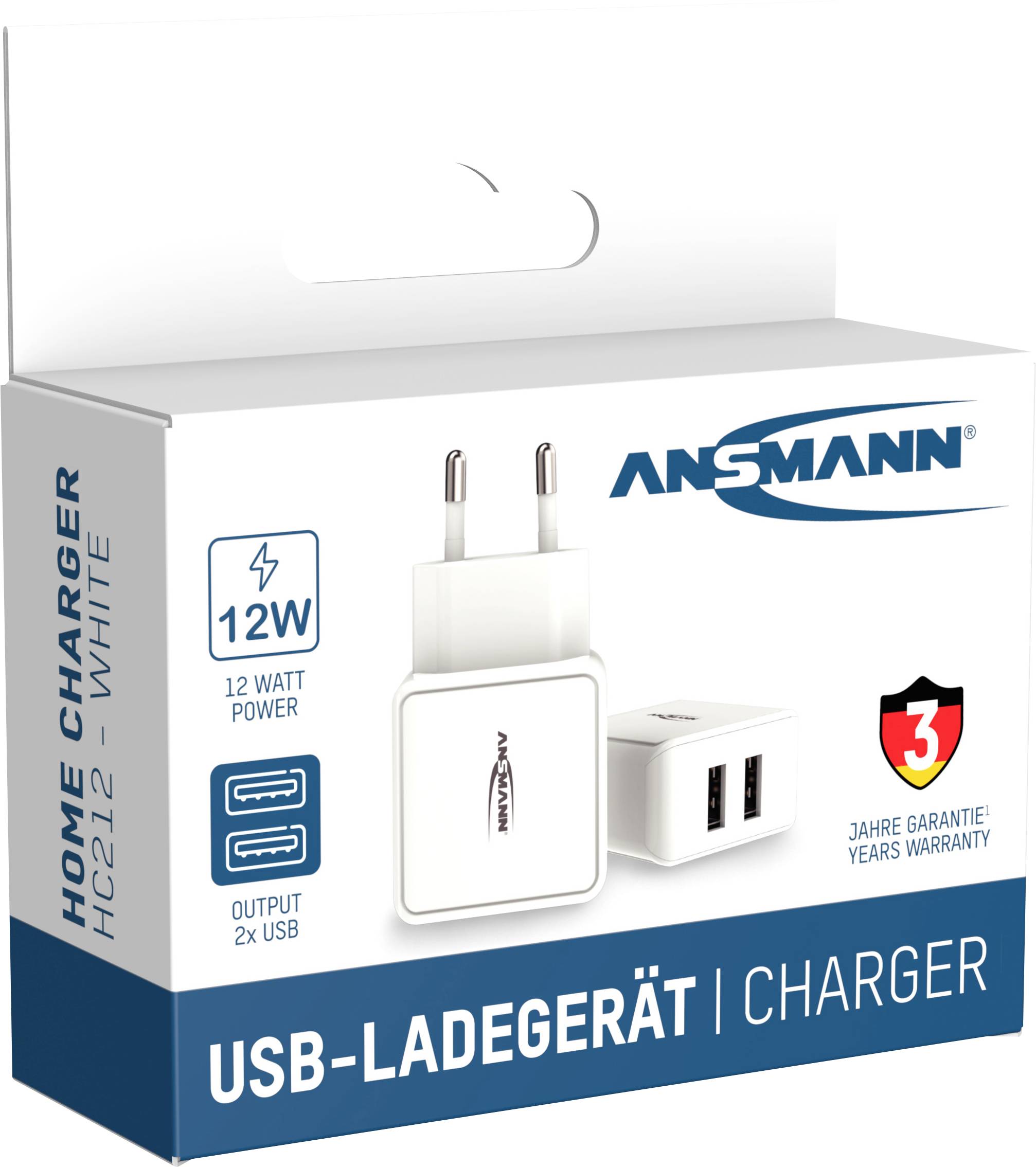 Cardboard packaging of an Ansmann USB charger with two USB ports, 12 watts power output, and 3-year warranty.