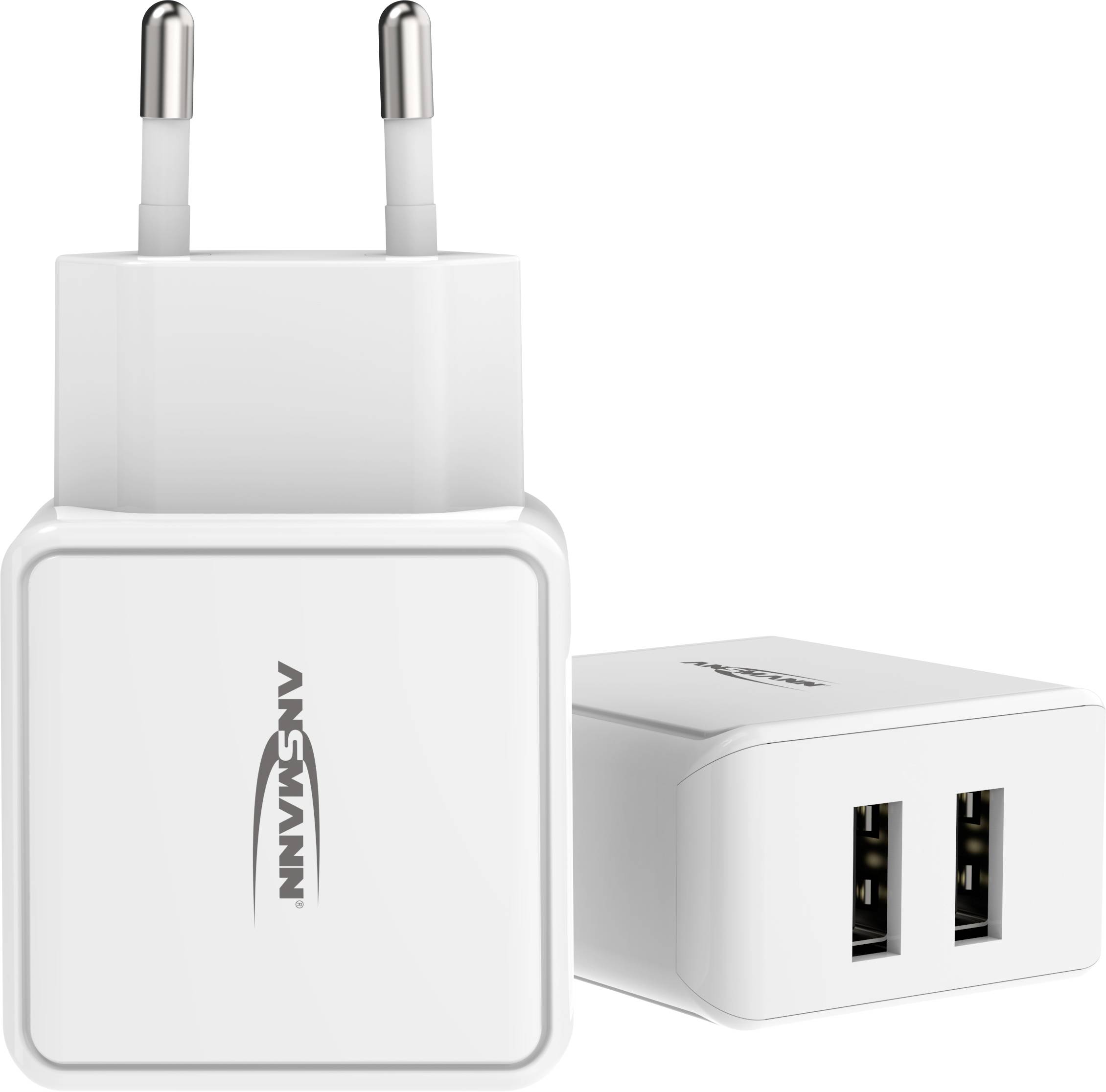 Two white USB chargers with the brand logo, one in a front view with two USB ports, the other in a side view.