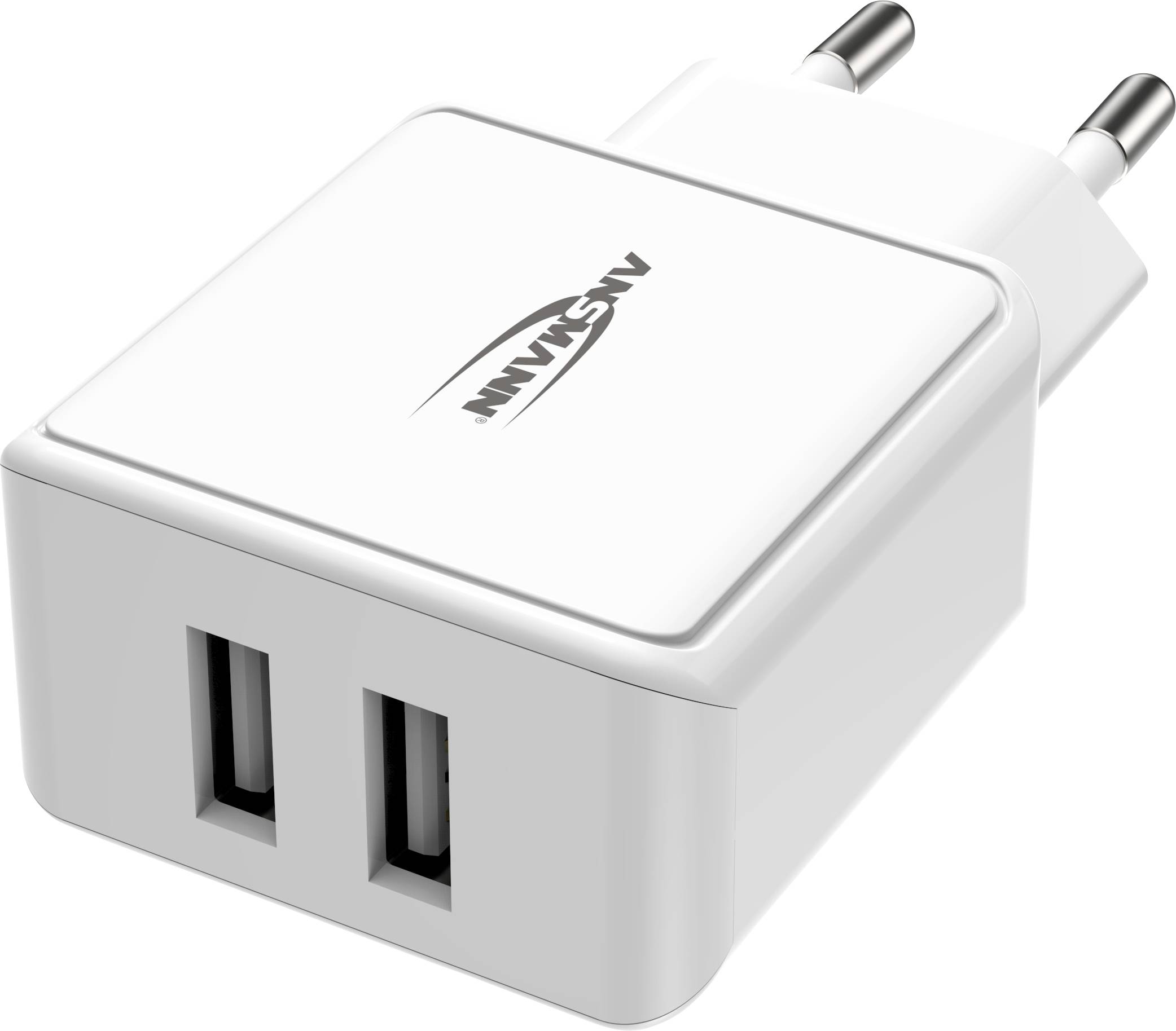 A white network charger with two USB ports and a European plug adapter, suitable for simultaneously charging two devices.