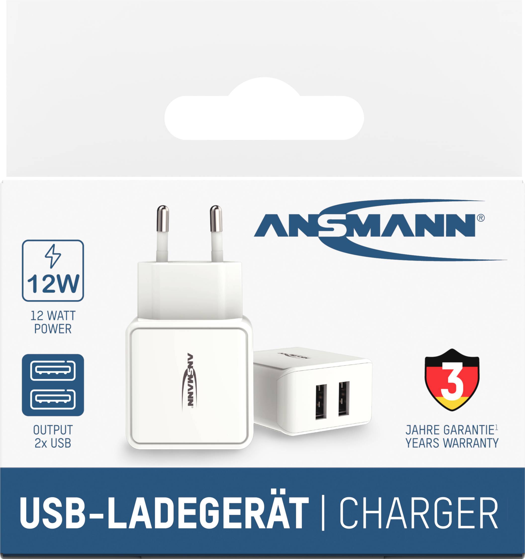 USB charger with two USB ports and 12 watts power output. Packaging displays the 'Ansmann' logo and a 3-year warranty seal.