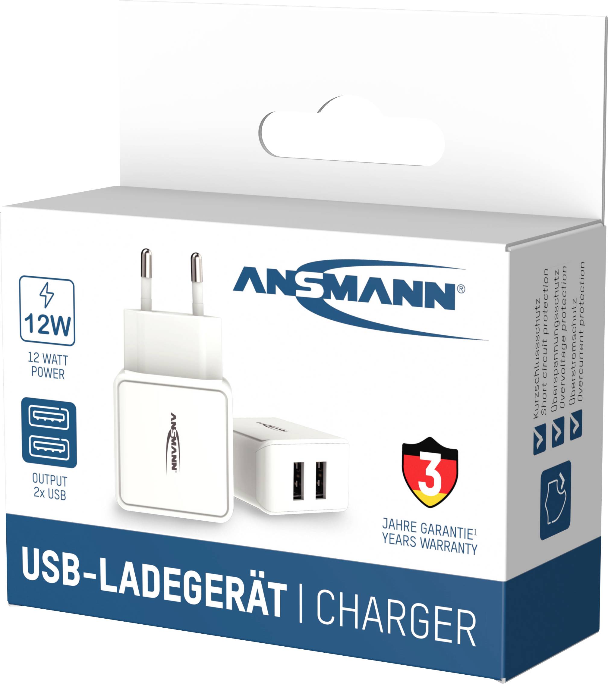 USB charger by Ansmann with two USB ports. 12 watts power output. Packaging indicates 3-year warranty.