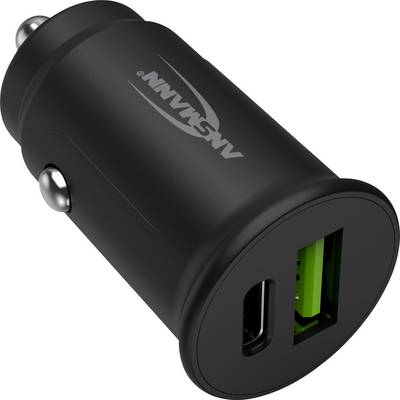 Black car charger with two ports, one USB-A and one USB-C, suitable for charging devices while travelling.