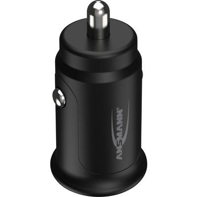 Black USB car charger with silver plug and side metal button, suitable for charging electronic devices while travelling.