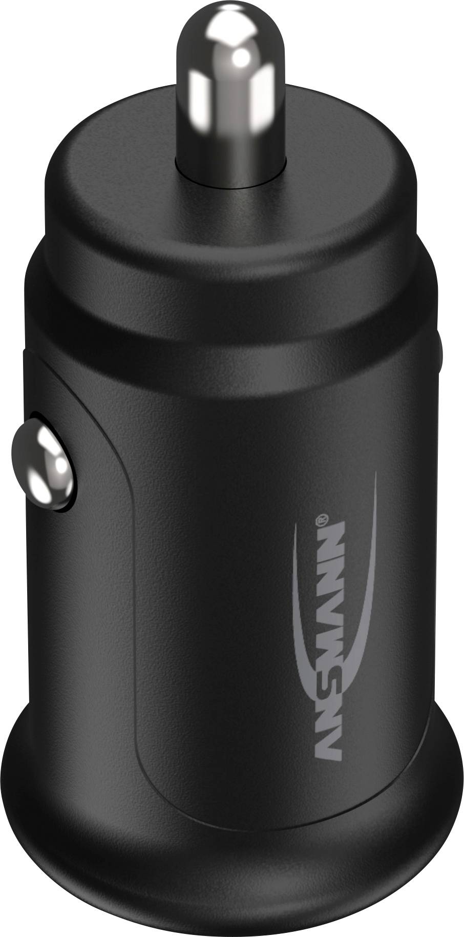 Black, cylindrical car phone charger with USB port, compact and portable, suitable for charging electronic devices in a vehicle.